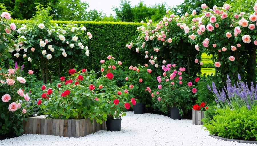 "Conceptual illustration of an eco-friendly rose garden featuring various rose varieties used for candy making, integrated with sustainable gardening elements like rainwater collection and composting."