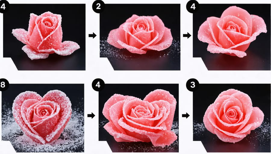 Depiction of the process of crafting rose candies from harvested rose petals